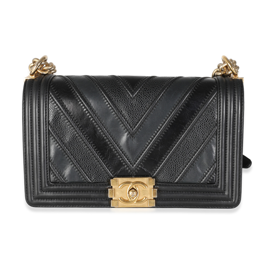 Chanel Black Calfskin Caviar In The Mix Chevron Old Medium Boy Handbag
